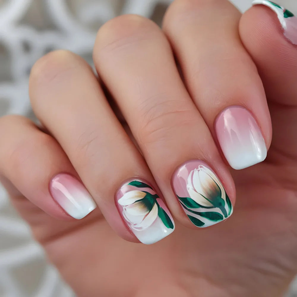 24pcs/set short Medium square fake nails for women gradient nude pink flowers french almond summer tips press on false nail art 2185