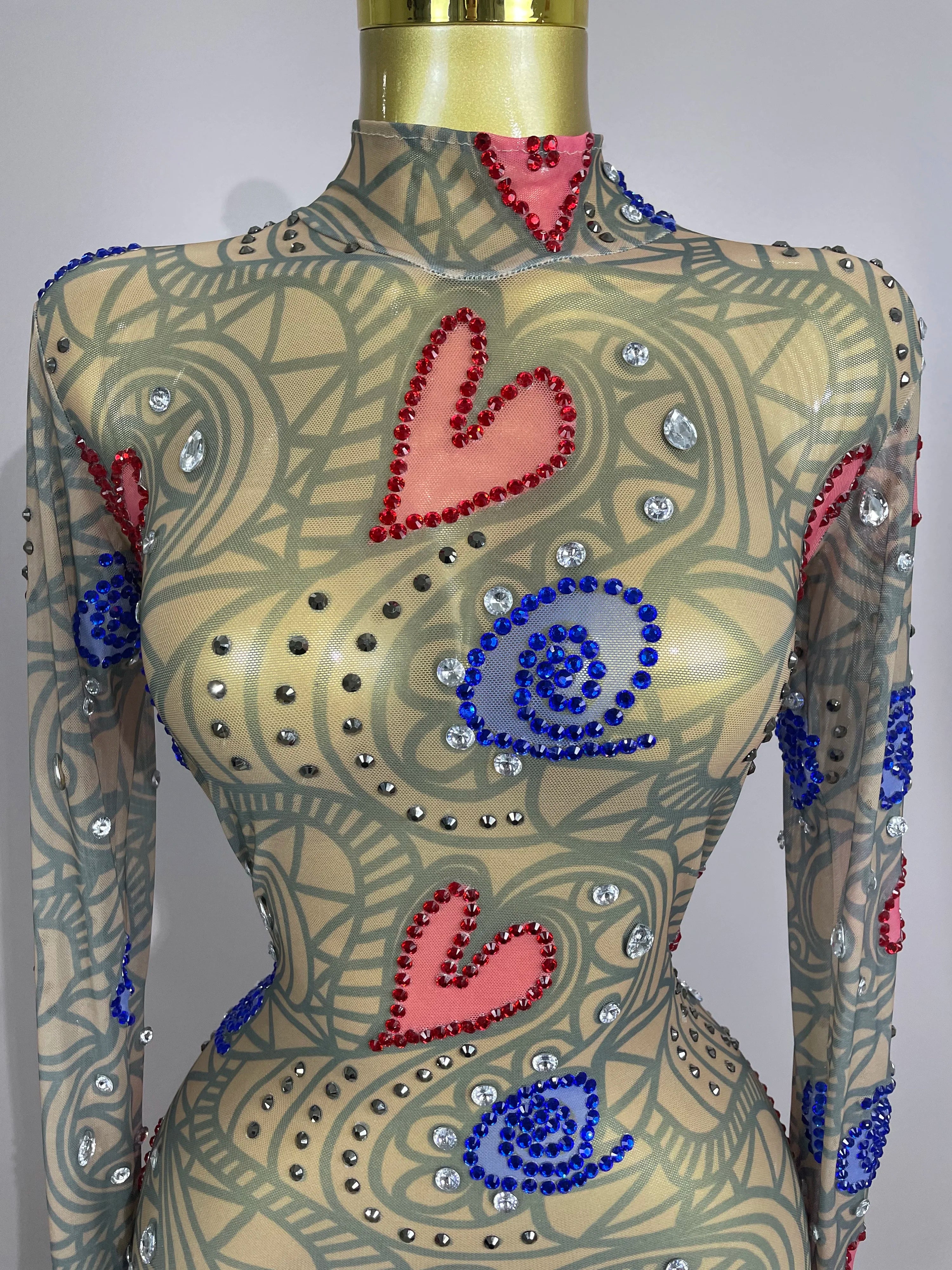 2025 New Sparkly Diamond High Neck Sexy Mesh Wrap Hip Long Dress Host Annual Meeting Party Nightclub Bar Performance Costume