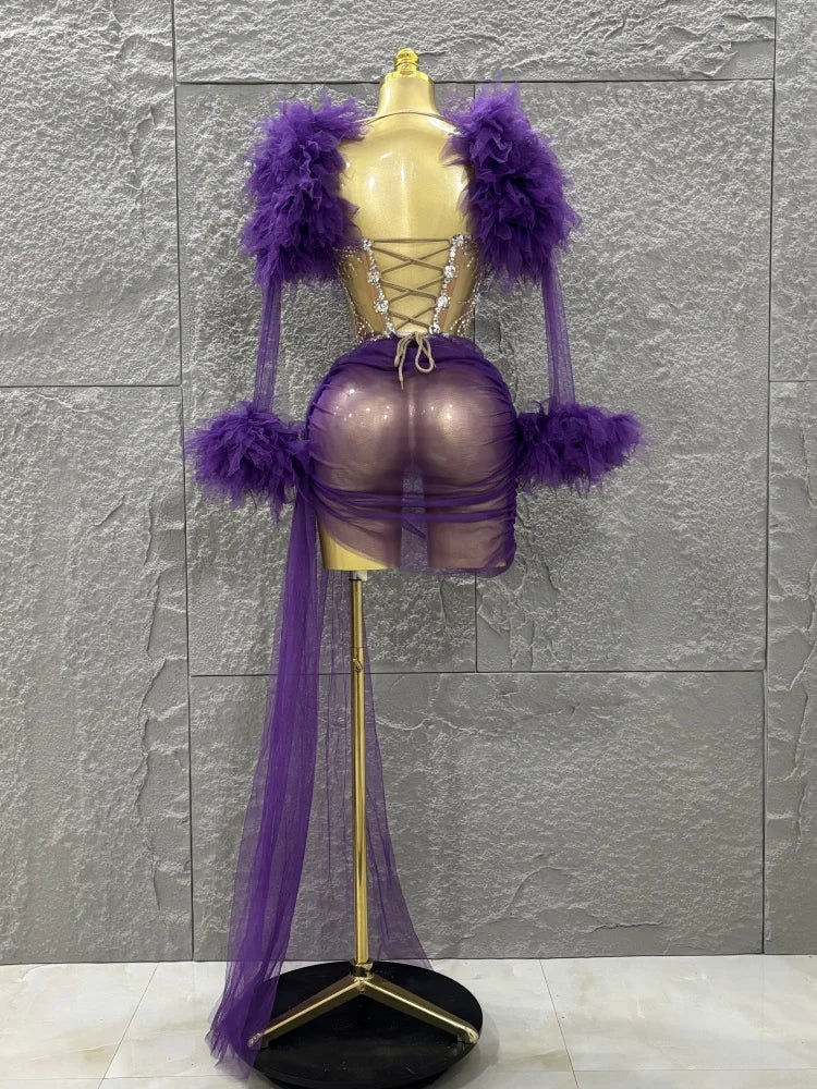 White Purple Women Sexy Mesh Ruffles 2 Pieces Bodycon Mini Dress See Through Celebrate Nightclub Party Bar Singer Stage Wear