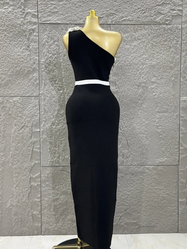 Women Sexy One Shoulder White Florals Bodycon Long Bandage Dress Celebrate Nightclub Party Fashion Outfit