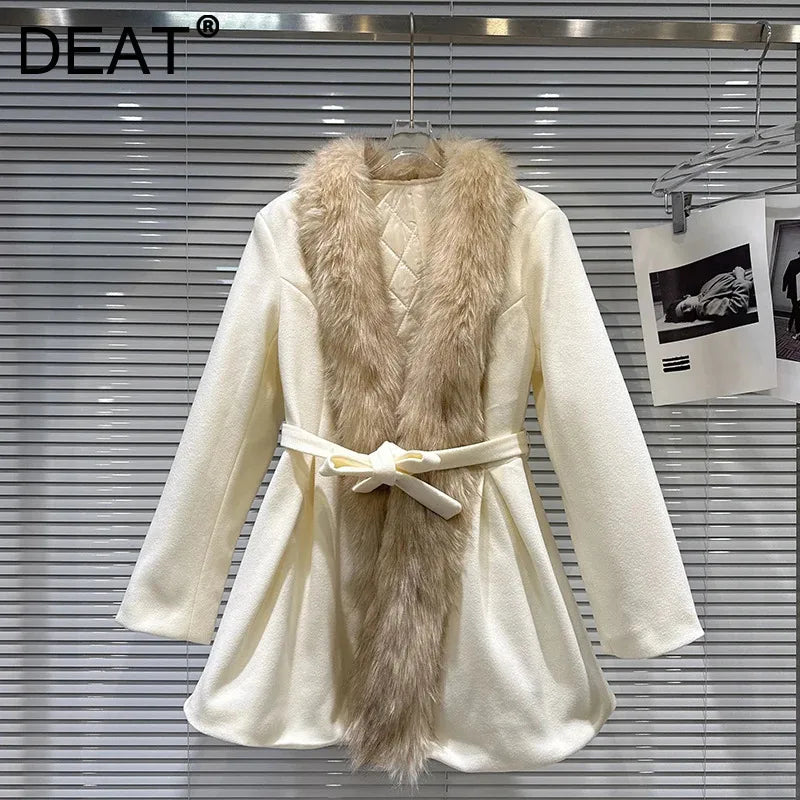 Winter New Fashion Fur Collar Belt Woolen Quilted Trench Coat For Women Elegant Warm Windbreaker Female 11A07810