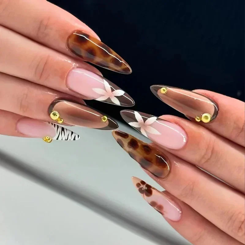 24pcs Leopard Print Almond Fake Press on Nails with Mini Flower Acrylic Fake Nails Retro Sweet Cool Design Press Ons French Nail 12