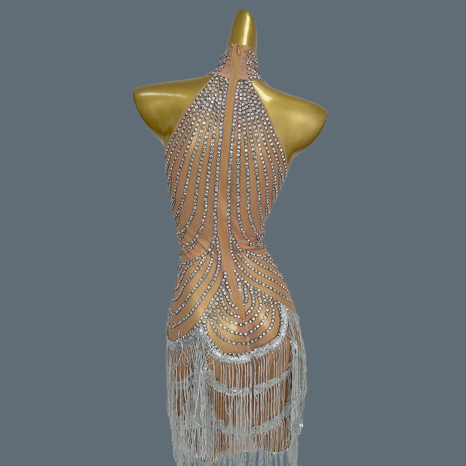 Shining Diamonds Tassel Dress Sexy Women Elastic Perspective Crystal Dress Singer Stage Costumes Latin Dance Dress Diaodeng