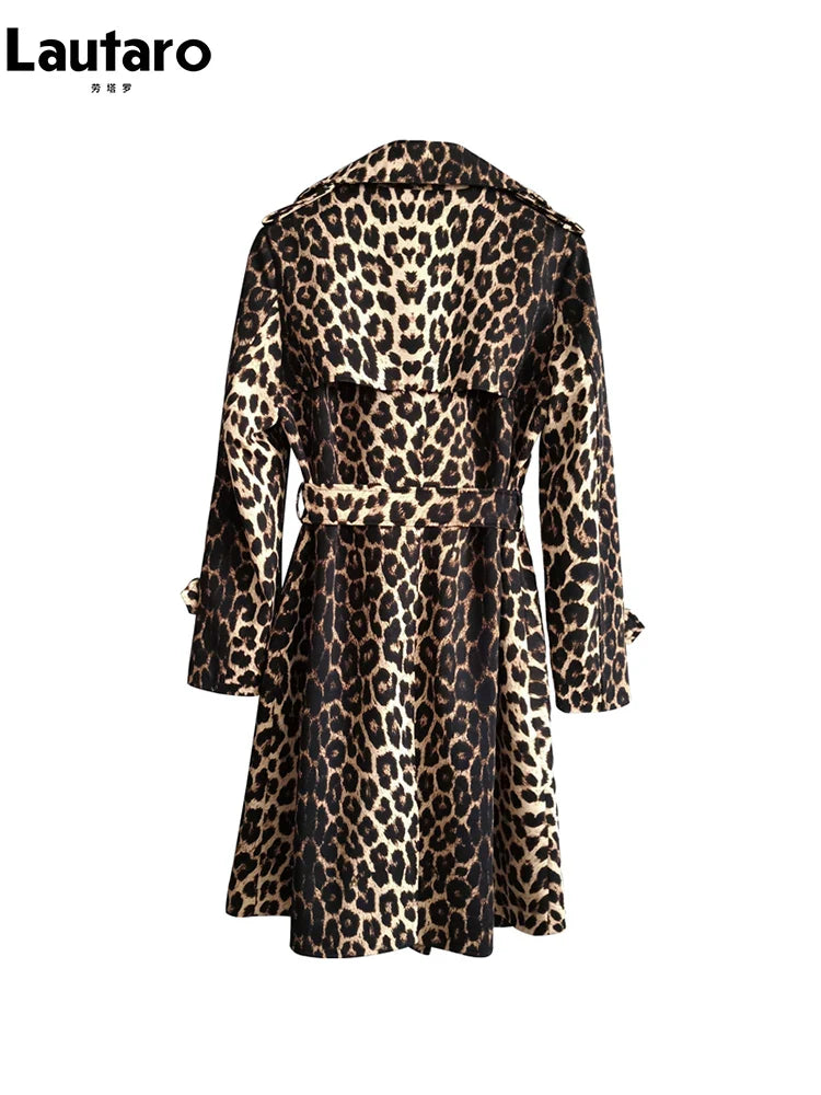 Spring Autumn Long Stylish Leopard Print Trench Coat for Women Belt Double Breasted Casual Luxury Designer Clothes 2023