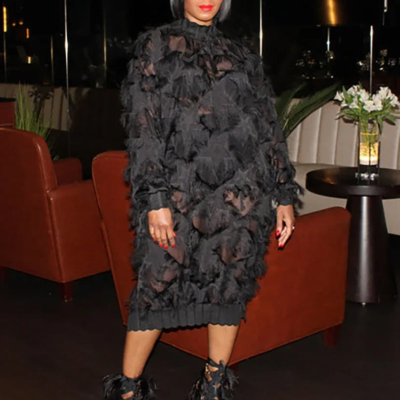 Women Fashion Tassel Long Sleeve Oversized Loose Dresses 2024 Spring Chic Black Pullover Dress Vestidos