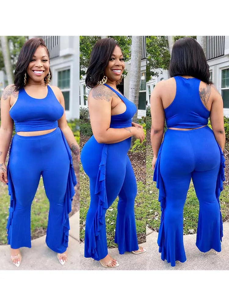 Style Plus Size Women Clothing Summer Two-piece Set Solid Color Tank Top Ruffle Pant Set Lady Trendy Suit Wholesale Dropshipping Blue