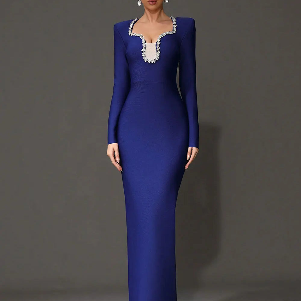 2025 Elegant Women's Light Luxury Nail Diamond Design Bandage Dress U Neck Long Sleeve Bodycon Long Dress Evening Party Vestidos