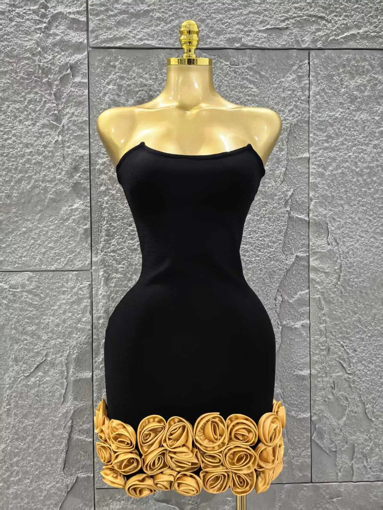 Black Color Golden Florlas Women Sexy Strapless Bodycon Mini Bandage Dress Celebrate Nightclub Party Birthday Vacation Wear