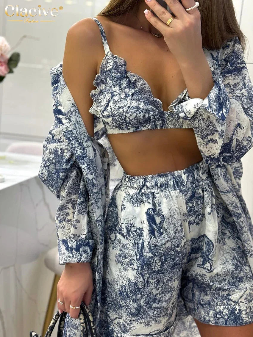 Clacive Fashion Loose Print 3 Piece Sets Women Outfit Elegant Long Sleeve Shirt + Bra With High Waist Shorts Set Streetwear