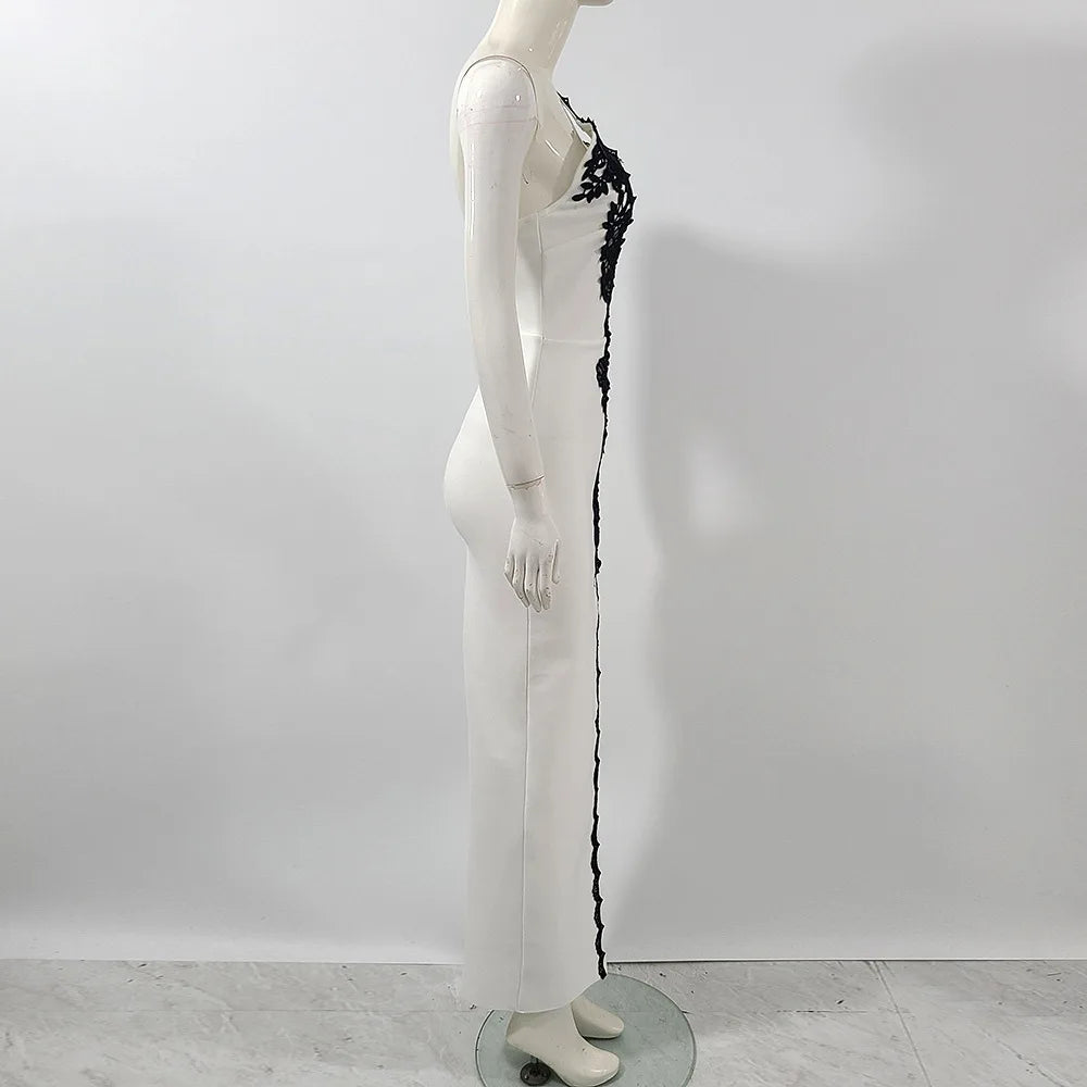 Women Sexy One Shoulder Black Lace High Split Bodycon Long Bandage Dress Celebrate Gloves Nightclub Party Outfit