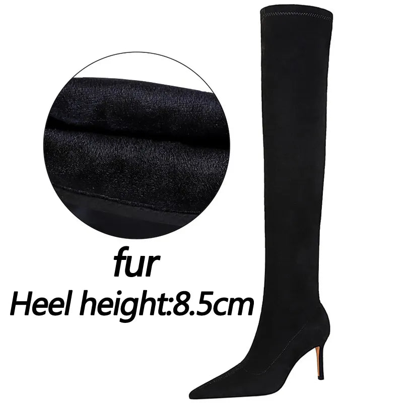 Shoes Suede Sexy Over-the-Knee Boots Black Plush Warm Women Winter Boots Thin High Heel Boots Long Boots Plus Size 42 43 blackfur-8.5cm