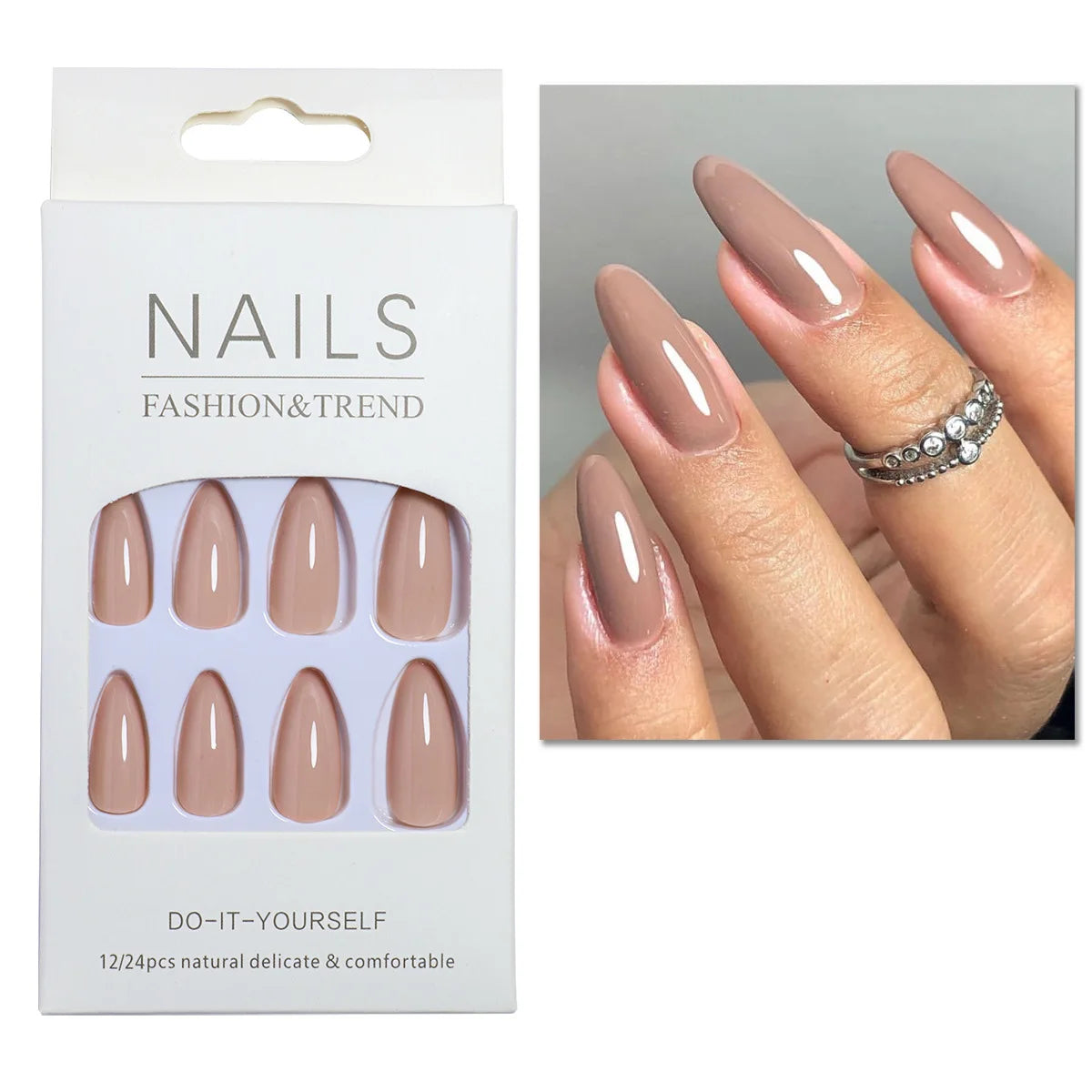 24pcs/set nude brown white fake nails for fall winter season french almond tips faux ongles press on false nail supplies 378