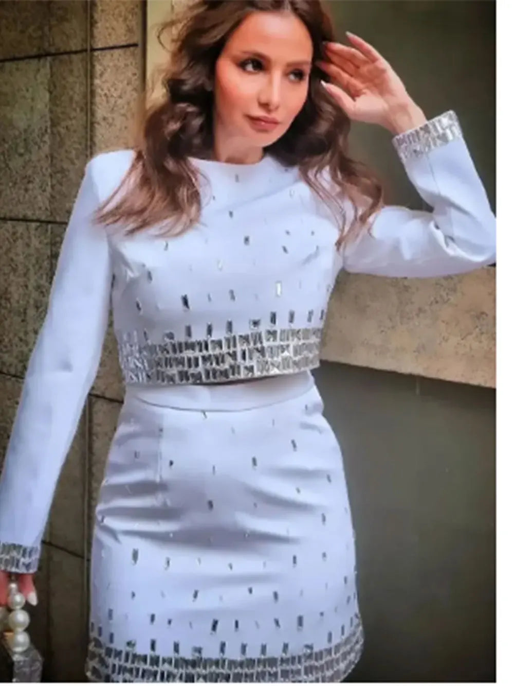 2025 Women's Wear Heavy Industry Beaded Design Mini Skirt Sets Standing Neck Long sleeved Short Top+Short Skirt Two piece Set