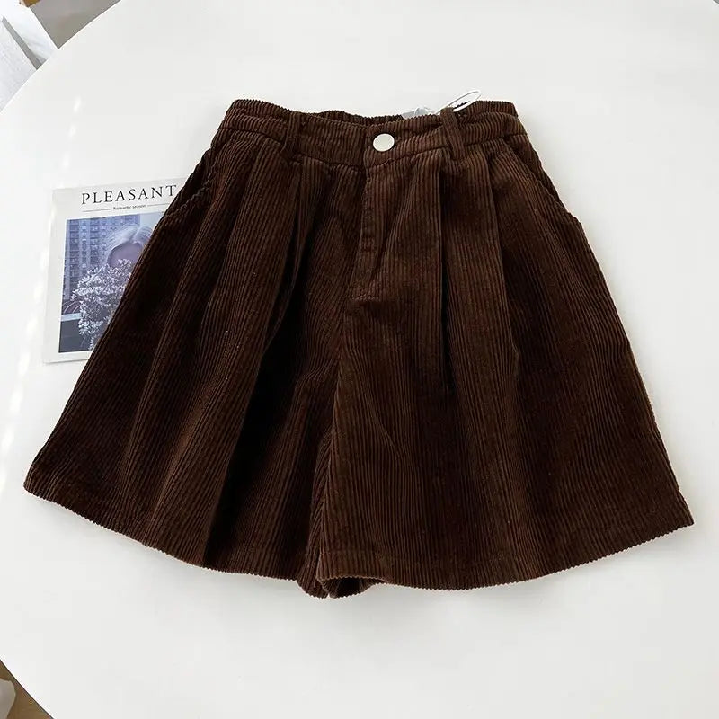 2023 Autumn/Winter Oversized Fat mm Corduroy Shorts Women's High Waist Outwear Slim A-line Casual Wide Leg Trousers Coffee