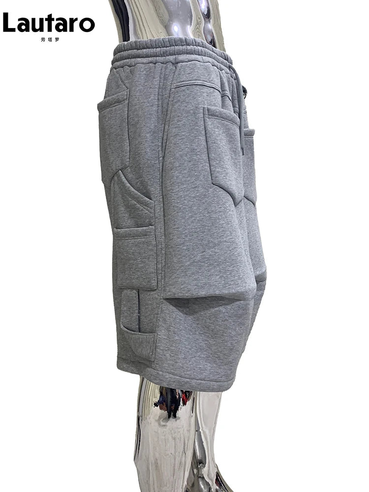 Nerazzurri Summer Autumn Loose Casual Soft Grey Shorts for Men Drawstring Elastic Waist Pockets Knee Length Sweatpants Clothes