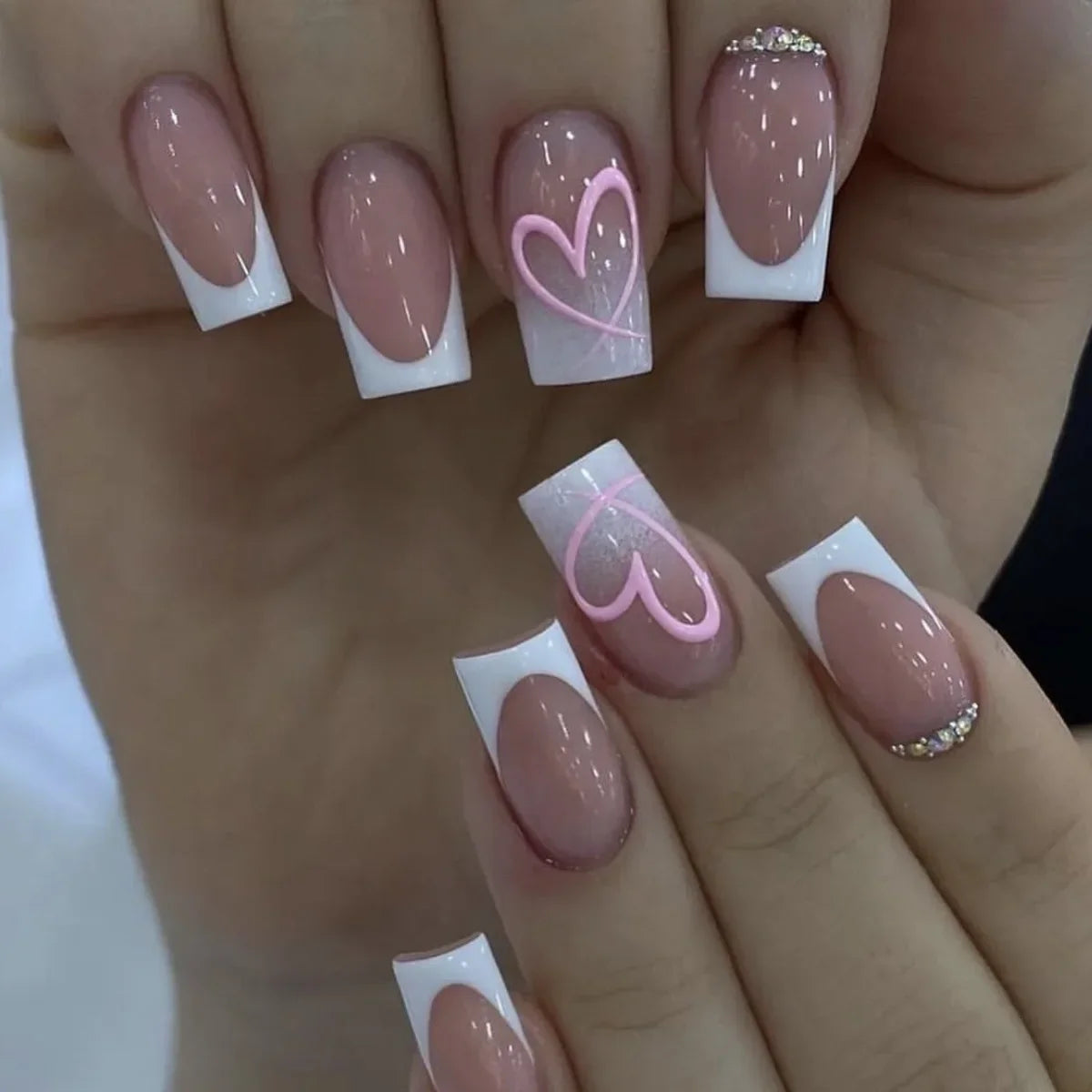 24Pc Square French Fake Nails with Heart Love Designs Glossy White Pink Press on Nails Full Cover False Nail for Valentine's Day 4