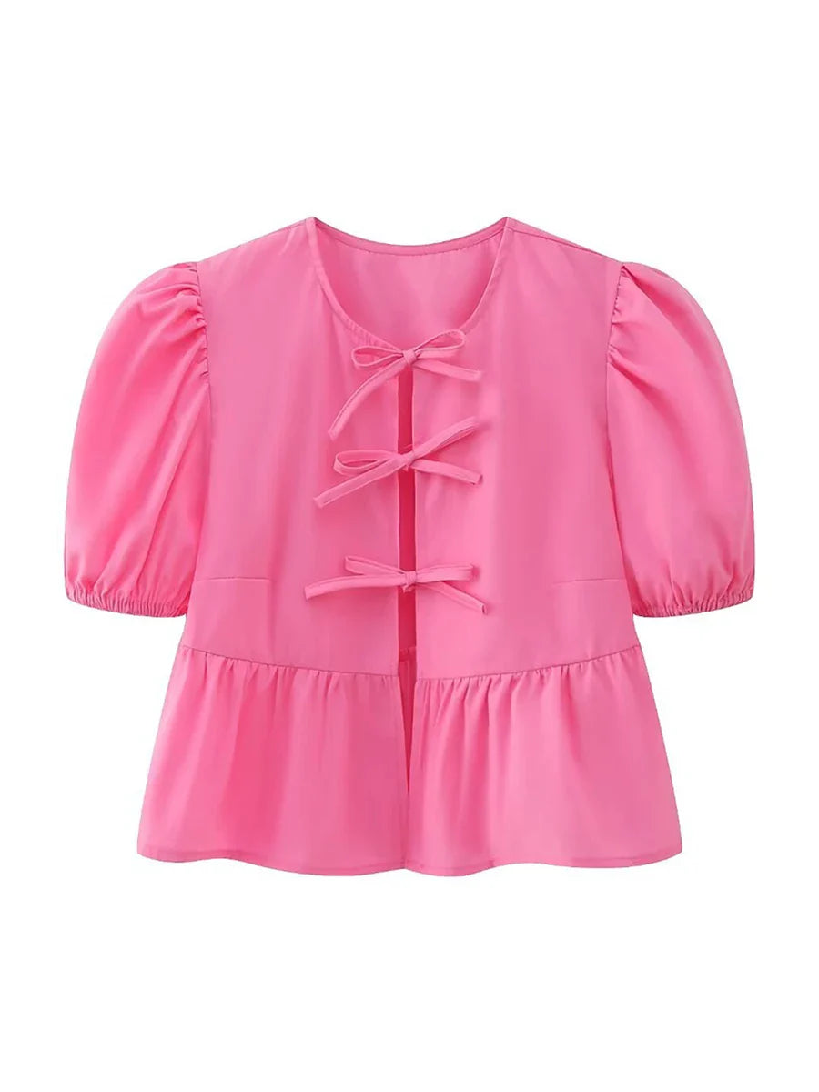 wsevypo Chic Summer Babydoll Shirts Solid/Stripe Short Women's Puff Sleeve Round Neck Tie-Up Front Peplum Blouses Top for Street F