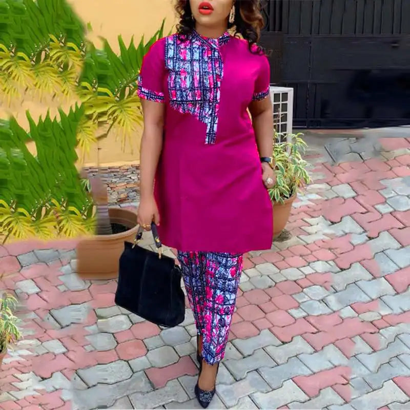 Plus Size VONDA Elegant Women Sets 2024 Office Suits Stand up Short Sleeve Printed Tops Pants Sets Oversized Pants Matching Sets Rose