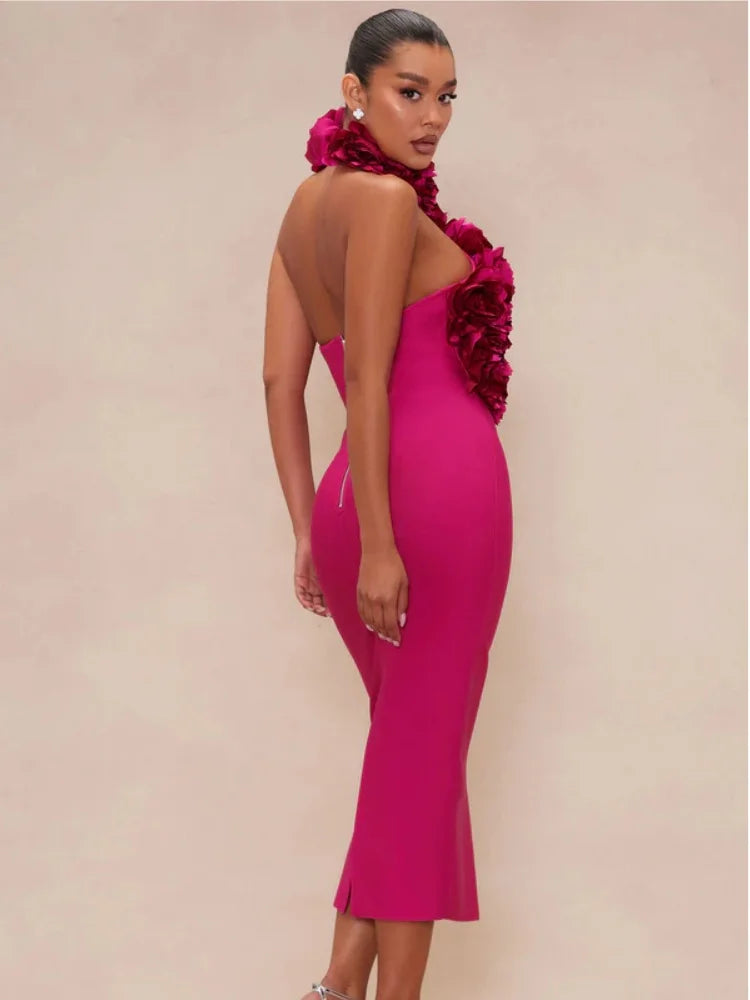 Rosered White Women Sexy Halter Off the Shoulder Backless Bodycon Long Bandage Dress Florals Celebrate Nightclub Party Wear