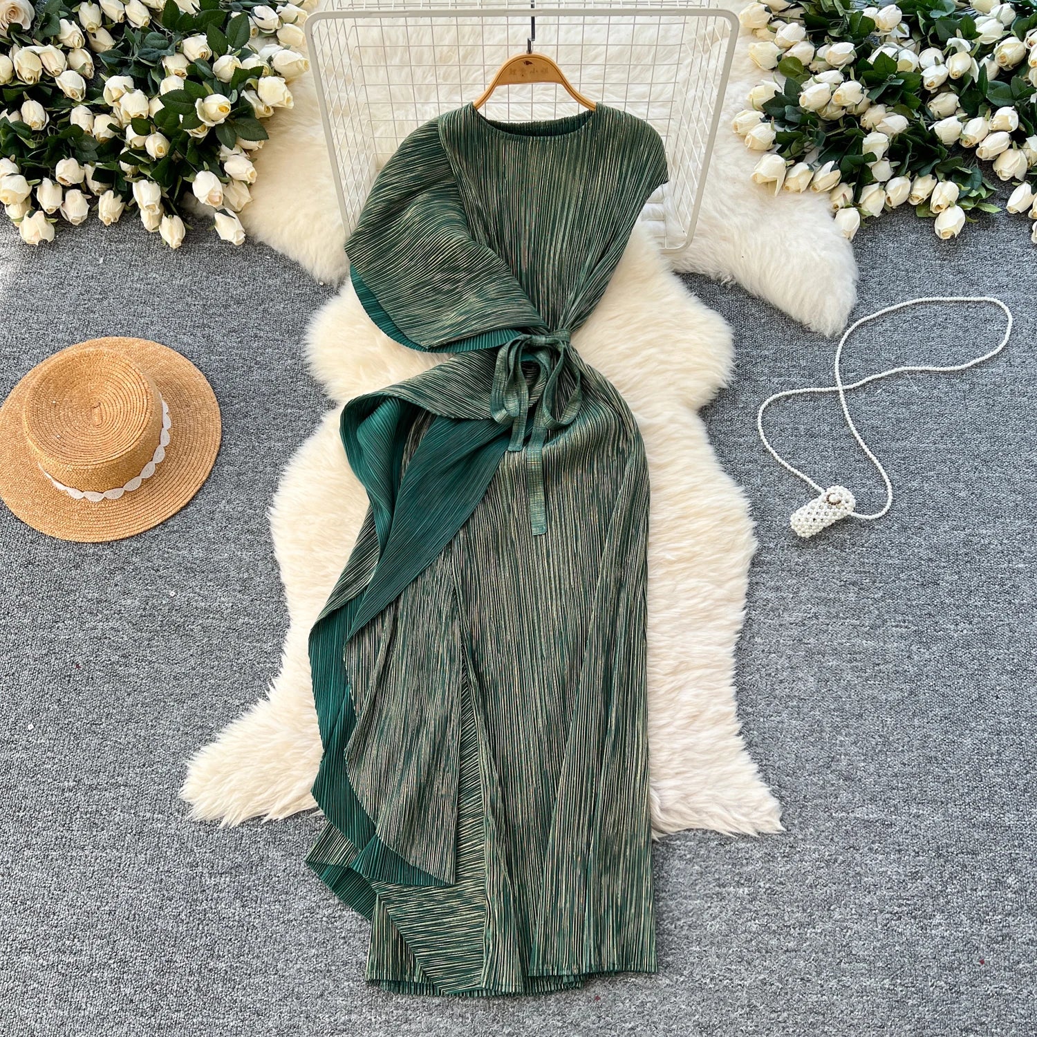 Chic asymmetrical sweet Spliced Elegant Korean Fashion Fairy Dresses Sexy High Waist A-line Vestidos Summer Women Vacation green One Size