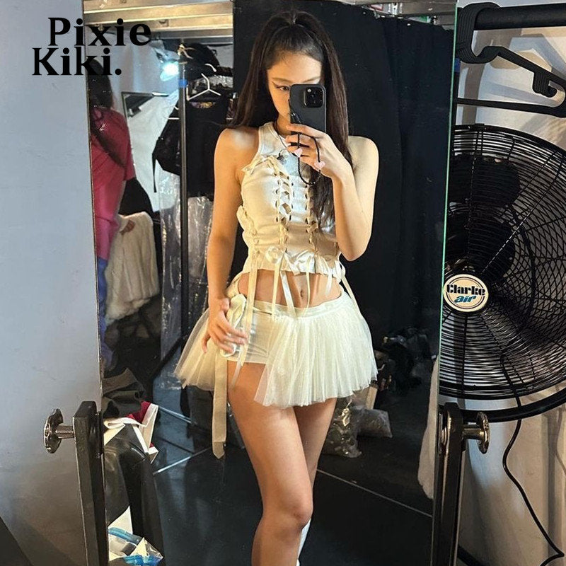 PixieKiki Y2k Fairy Aesthetic Bow Lace Up Hollow Out Ribbed Crop Tops White Summer Sexy Tank Top for Women Summer 2024 P33-BC10