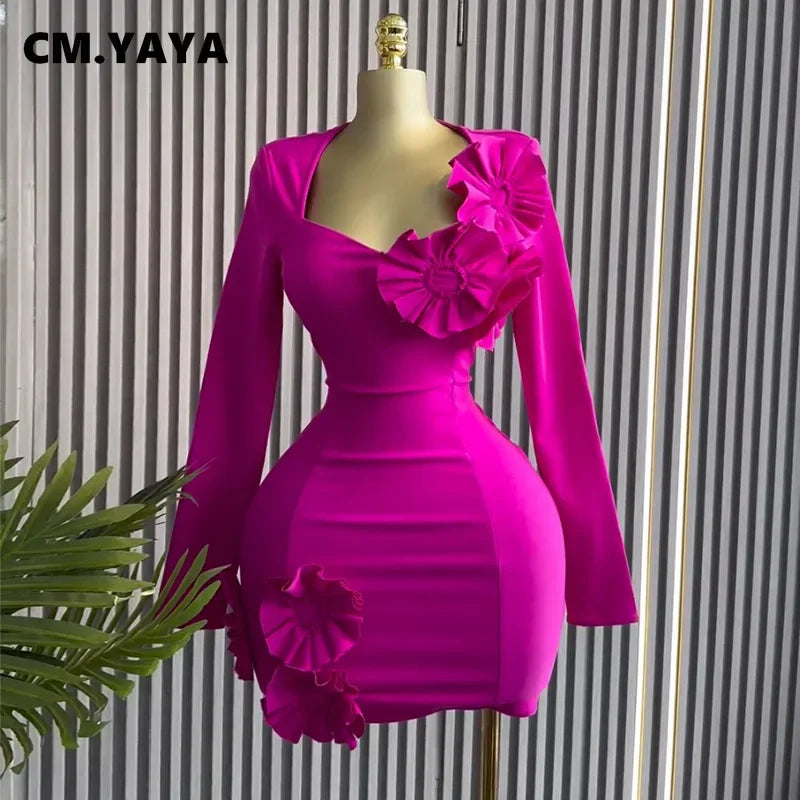 Women Strapless Mult 3D Flower Long Sleeve Bodycon Mini Dress Sexy Birthday Evening Night Party Club Vestidos Dresses