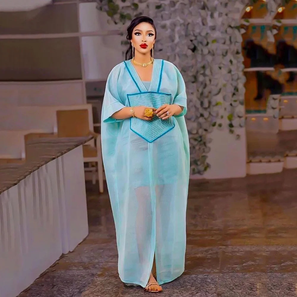 African Modern design blue mesh embroidered deep V-neck plus size skirt with inner skirt African-American women's dress