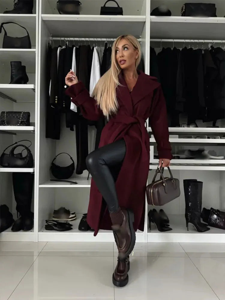 Women's Solid Turndown Collar Single-breasted Coat Casual Long Sleeves Burgundy Women Coat New Fall Winter Office Lady Outerwear PURPLE