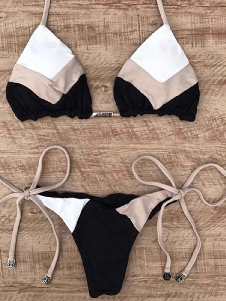 Sexy Halter Swimsuit Thong Micro Bikini Push Up - Brazilian Bikini Tropical Plant Print Swimwear String Mini Swimsuit