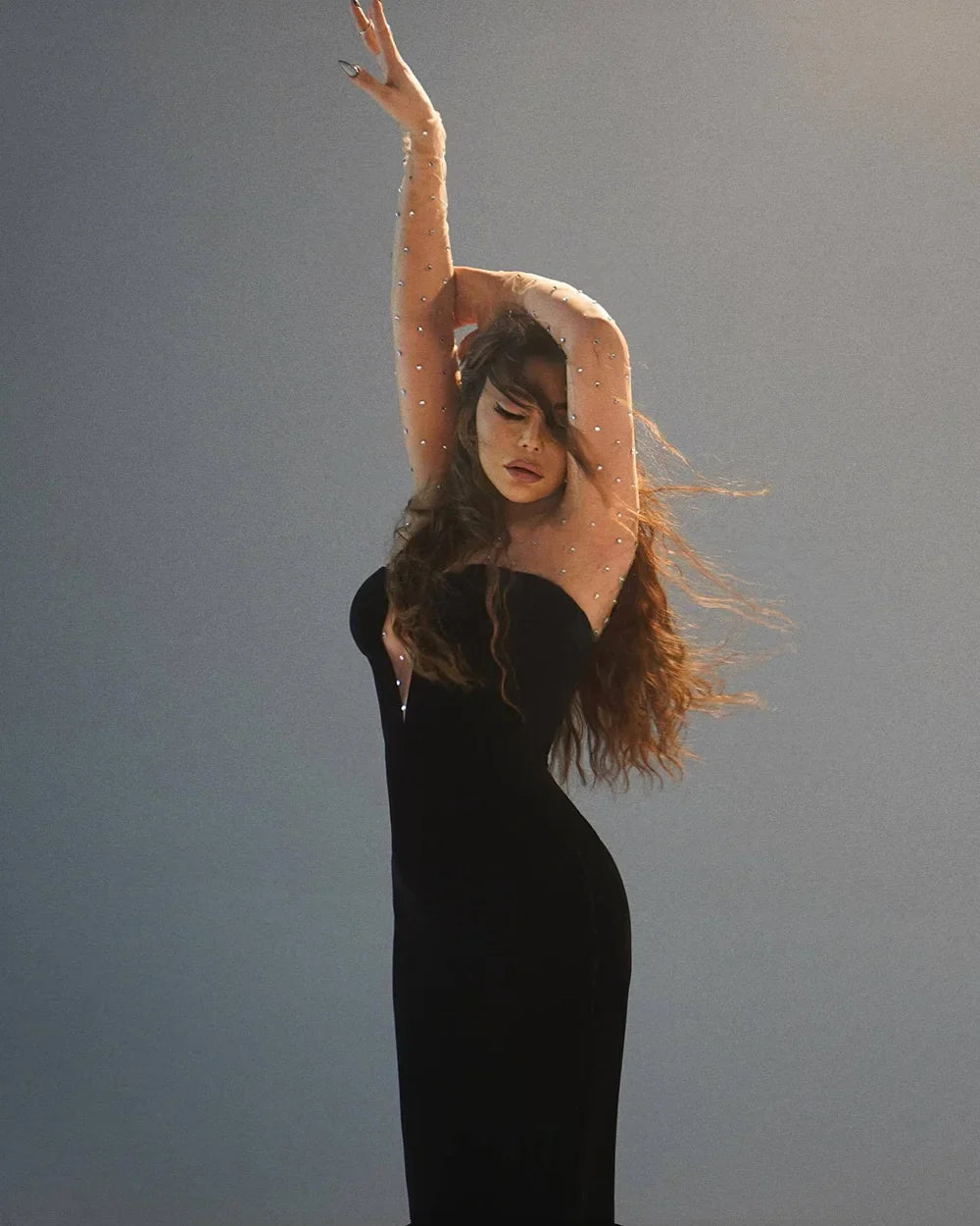 Ailigou New Women's Formal Evening Dress Wearing Sexy Mesh Long sleeved Patch Black Velvet Beaded Evening Dress