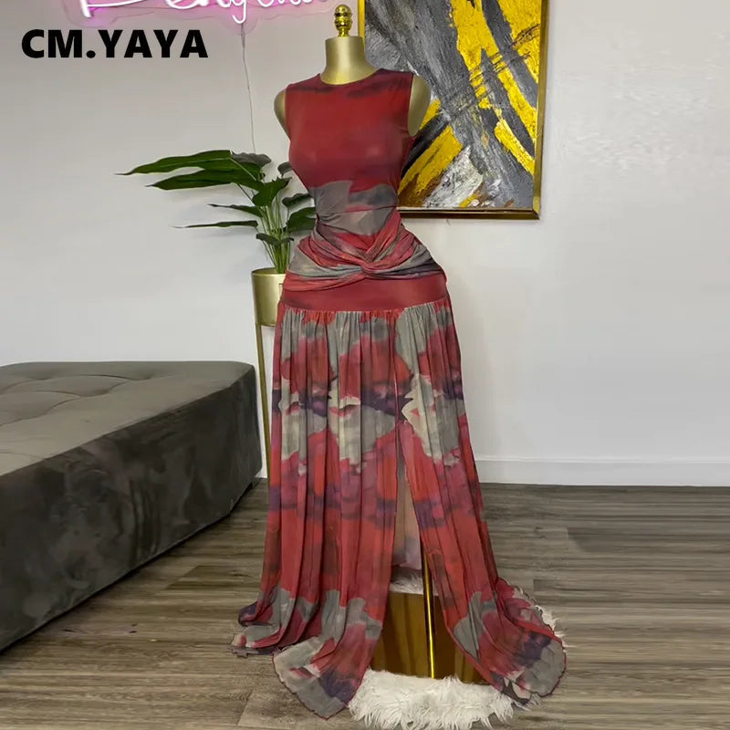 CM.YAYA Elegant Women Print Sleeveless Sweet O-neck Floor-Length Long Dress 2025 Beach Party Birthday Sexy Split Pleated Dresses