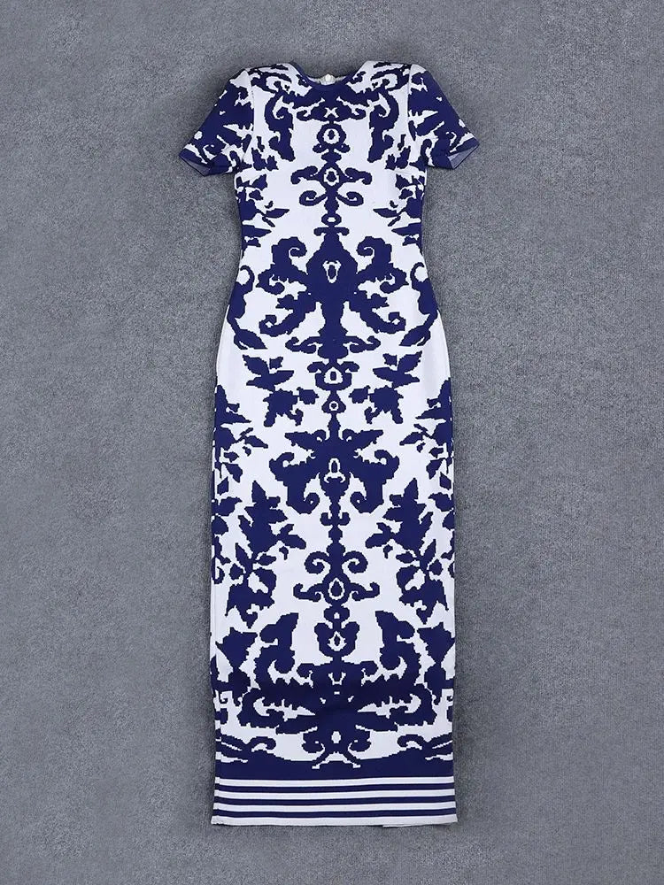 Ailigou Women's Sexy Short sleeved Blue and White Porcelain Printed Tight Long Bandage Dress Elegant Celebrity Party Dress