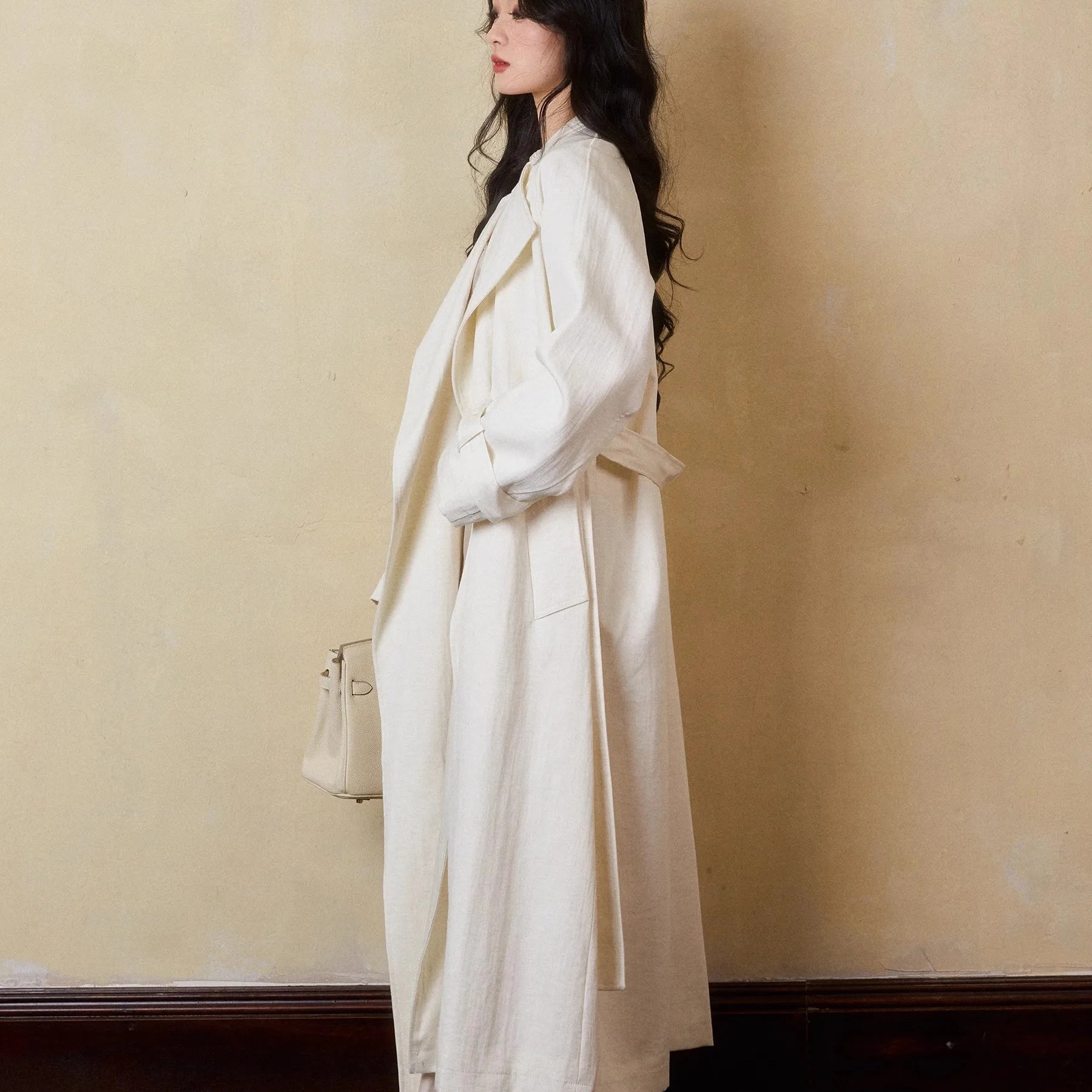 Lautaro Spring Autumn Oversized Long Linen Trench Coat for Women Sashes Loose Casual Flowy Korean Fashion Clothes Overcoat 2025