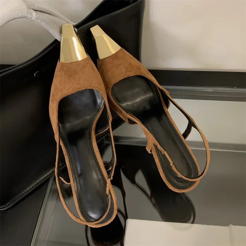 Eilyken Street Style Pointed Toe Women Pumps Fashion Slingbacks Thin High Heels Elegant Stripper Prom Ladies Sandals Shoes Brown 9CM