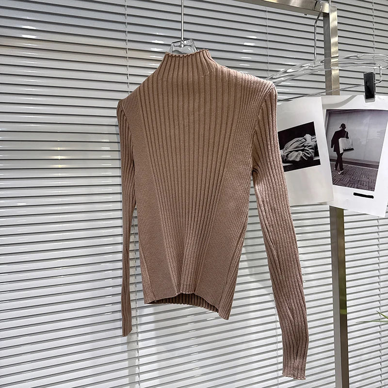 Winter New Fashion Style Detachable Buckle Hollow Design Slim Knitted Sweater For Women Solid Color Top 11A07641