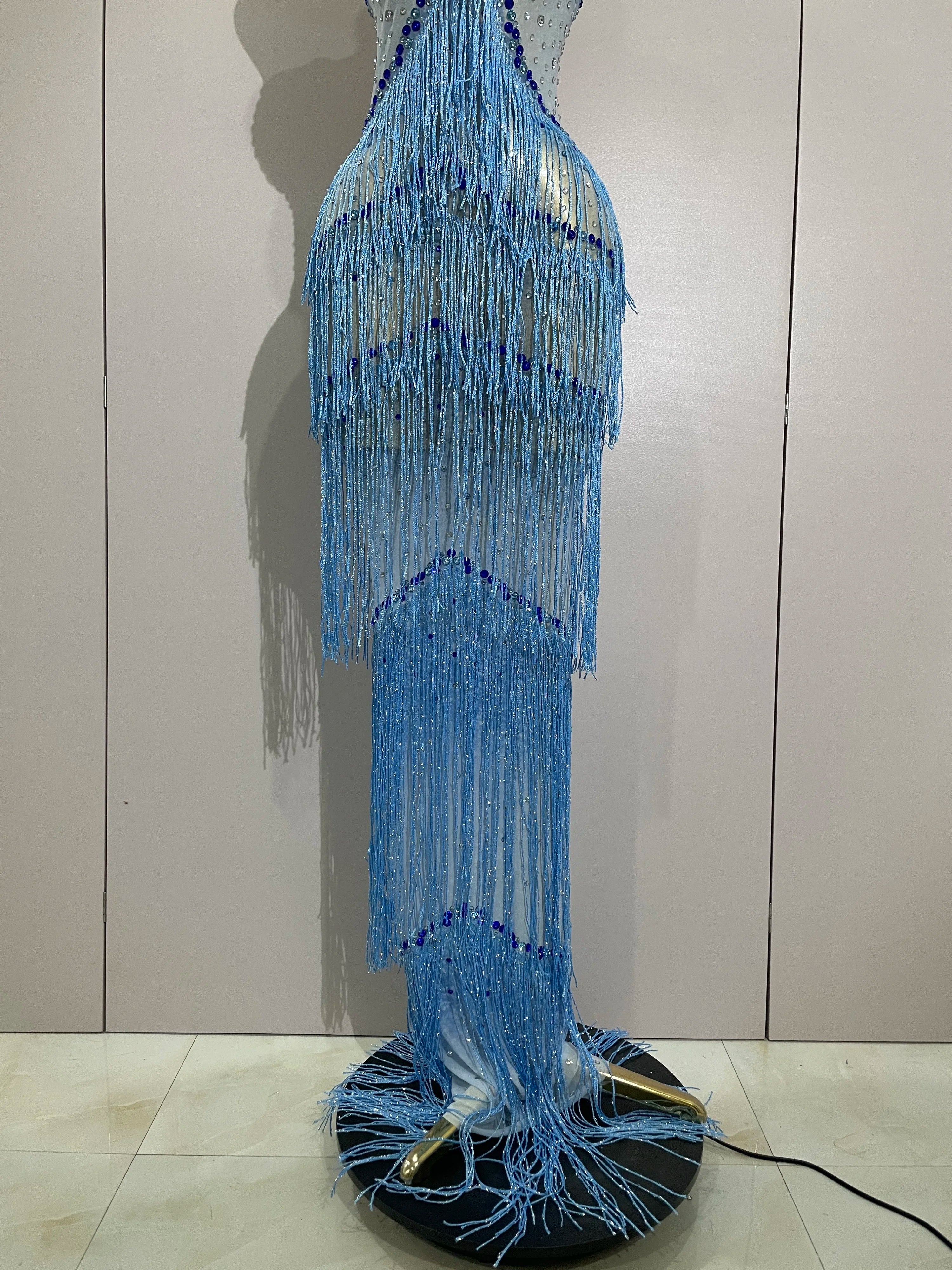 2025 Sparkly Rhinestones Tassel sexy Mesh Slip Long Dress Women Celebrate Evening Prom Birthday paty Dress Photoshoot Stage Wear