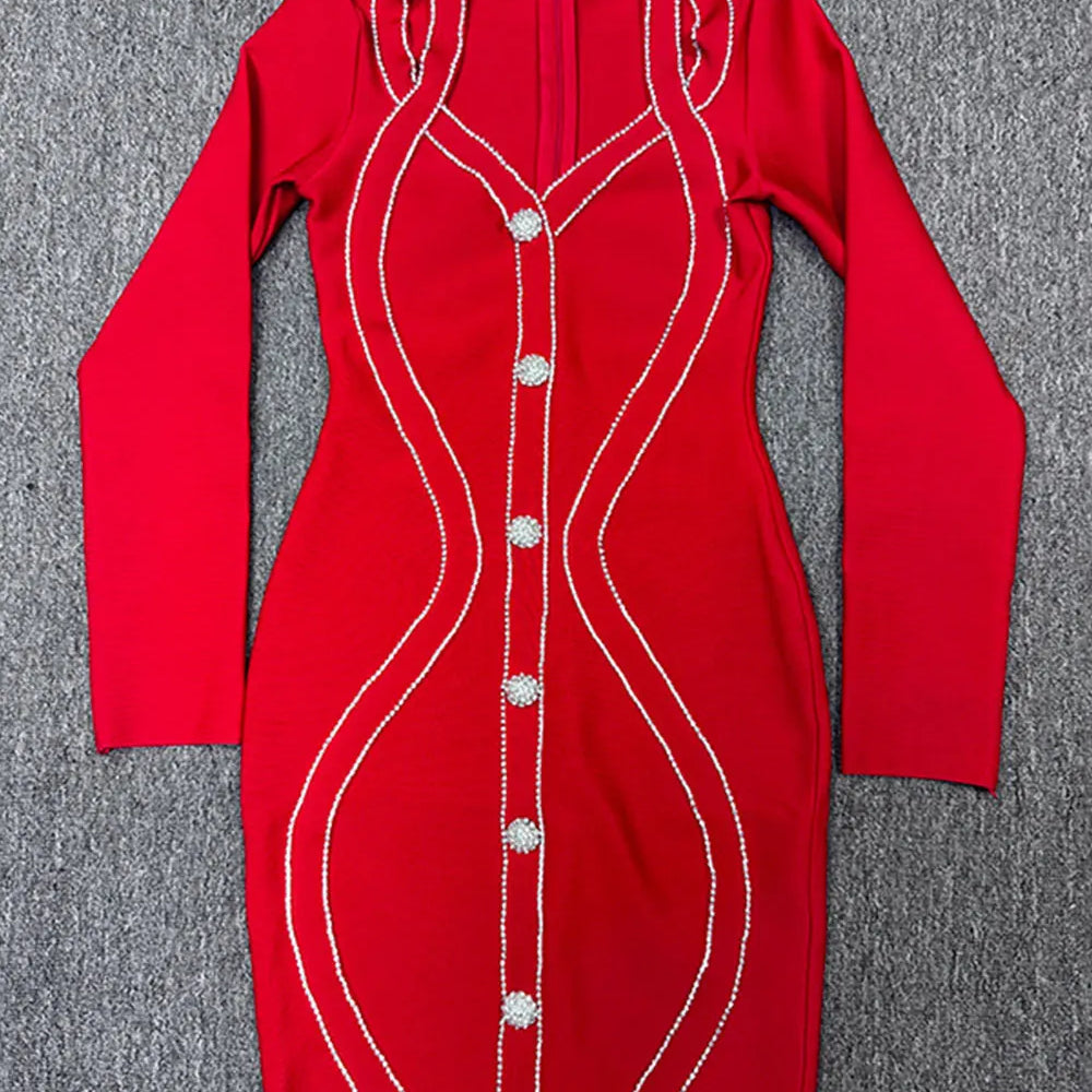 2025 Spring Elegant Women Diamond Set Bandage Dress V-neck Long Sleeve Bodycon Single breasted Mini Dress Evening Party Vestidos Red