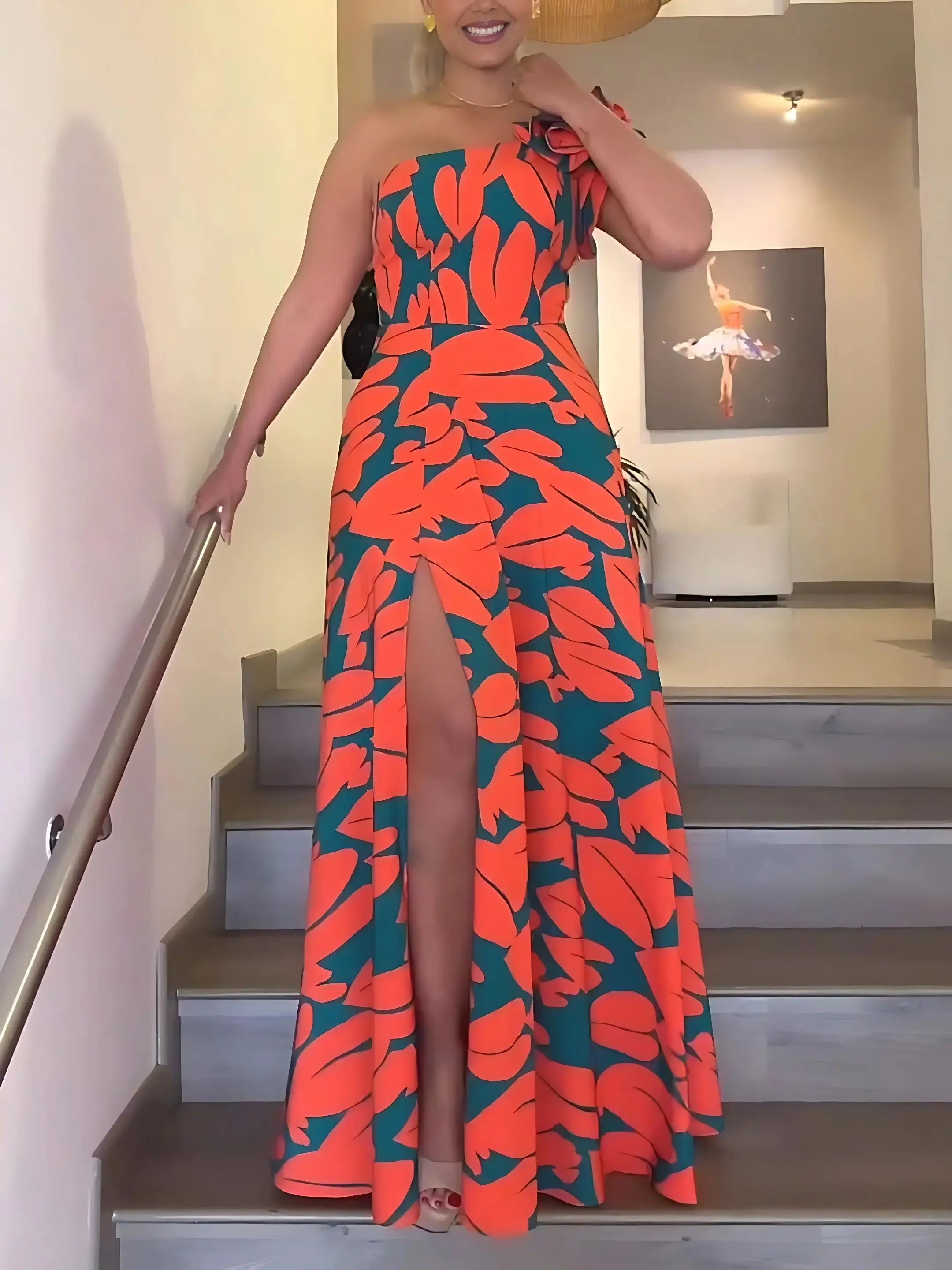 Women's Elegant Floral Printed Long Dresses, Casual Strapless, A Line Dresses, Ladies Side Split, Summer Red