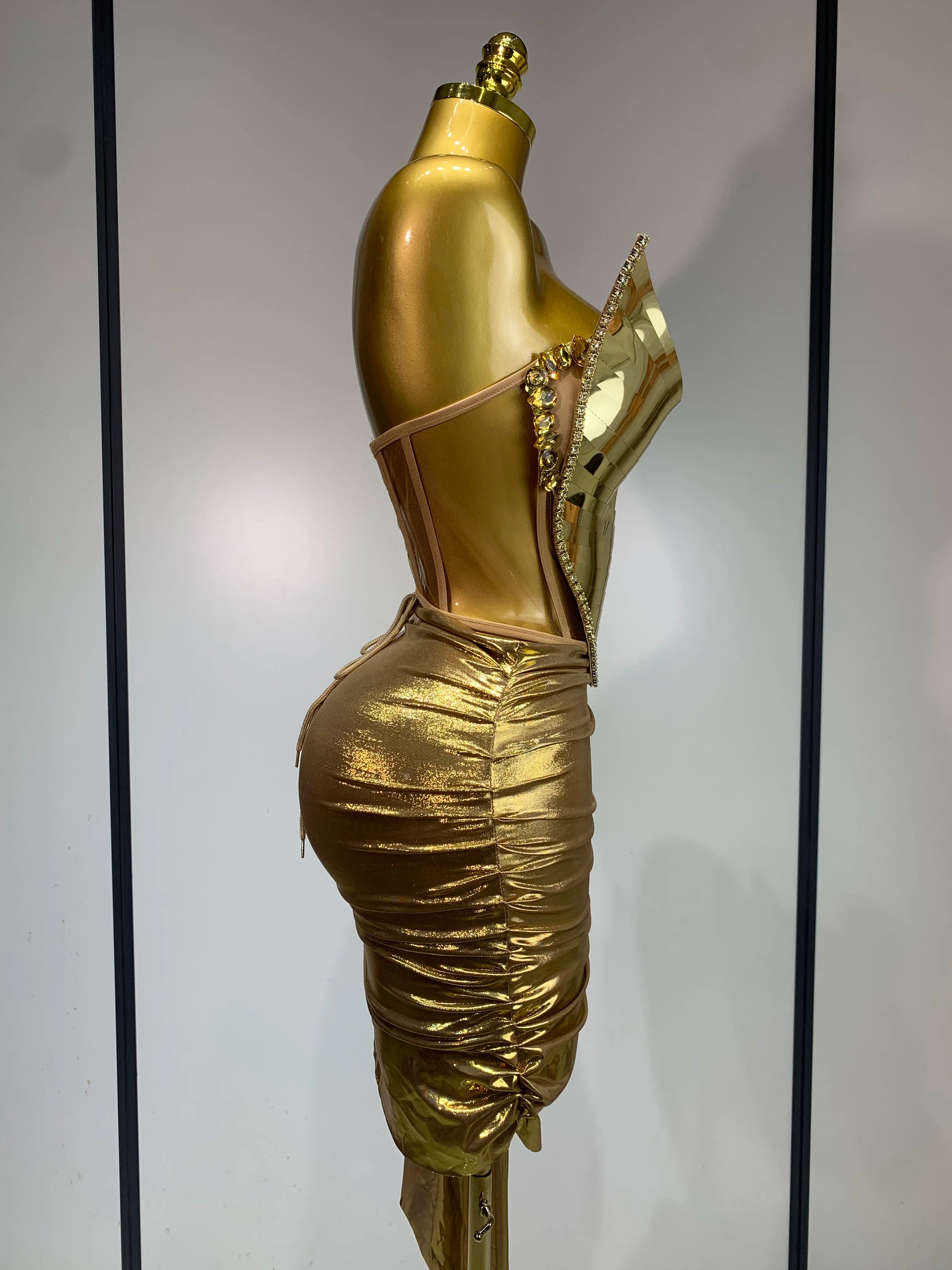 2025 Sparkly Gold Sequin Sexy Top Two Pieces Set Women Celebrate Party Birthday NightClub Performance Dancer Show Stage Outfit