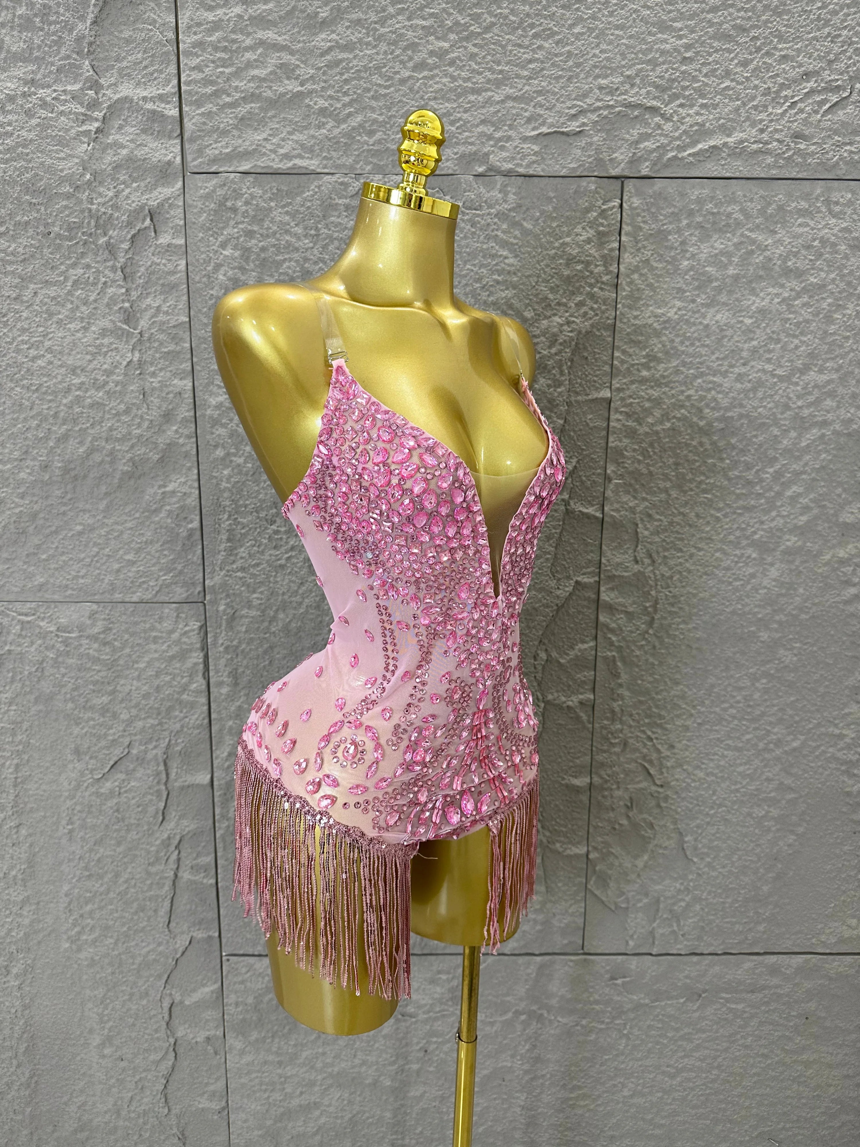 Pink Spaghetti Strap Bodysuit Women Sexy Deep V Neck Sheer Mesh Crystal Embellished Fringe Form-Fitting Formal Event Outfit