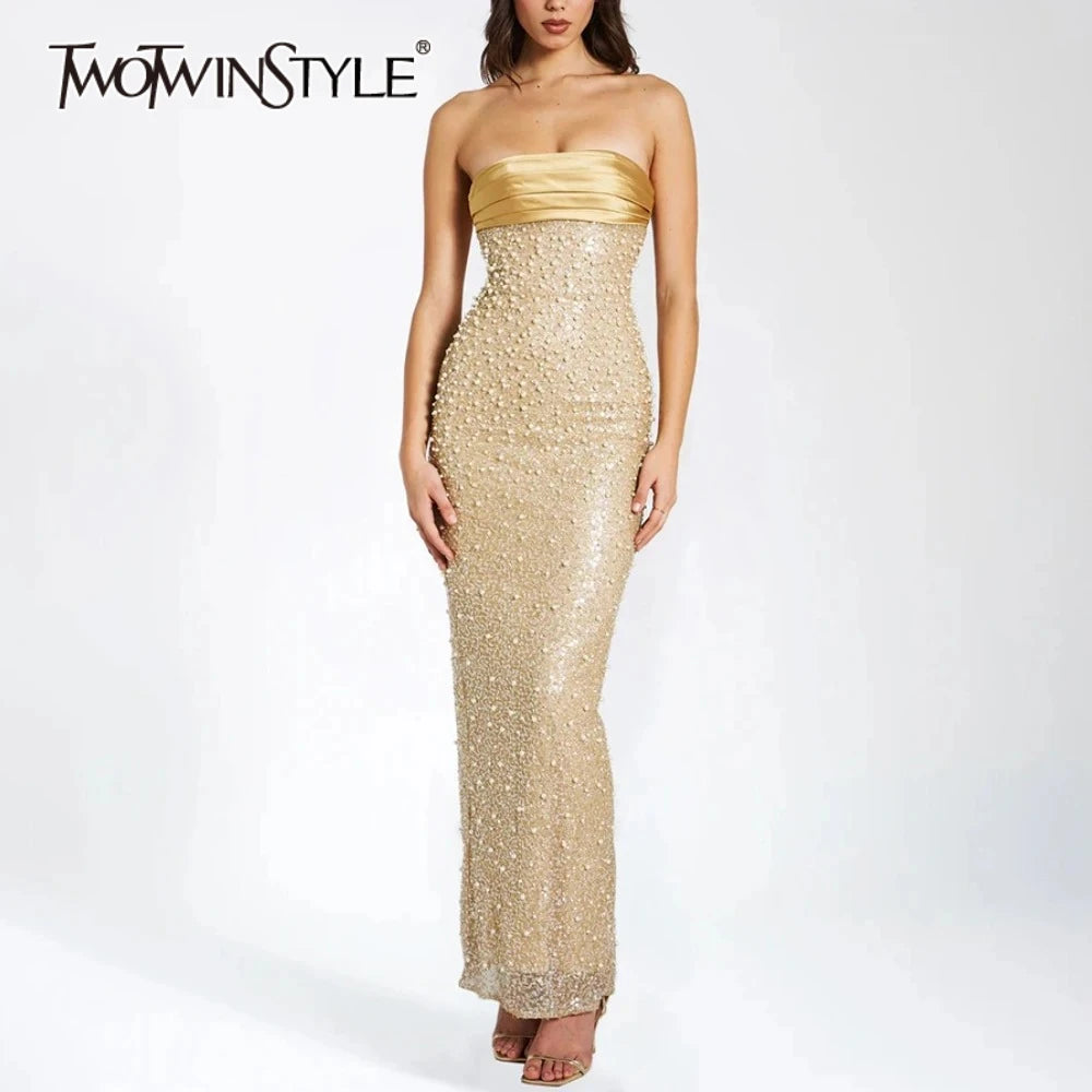 Solid Slimming Spliced Sequin Elegant Dresses for Women Strapless Sleeveless Patchwork Bead Dress Female Clothing