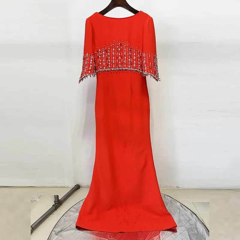 Slimming Elegant Midi Dresses for Women Round Neck Half Sleeves Patchwork Bead Luxurious Dress Female Clothing New ORANGRED