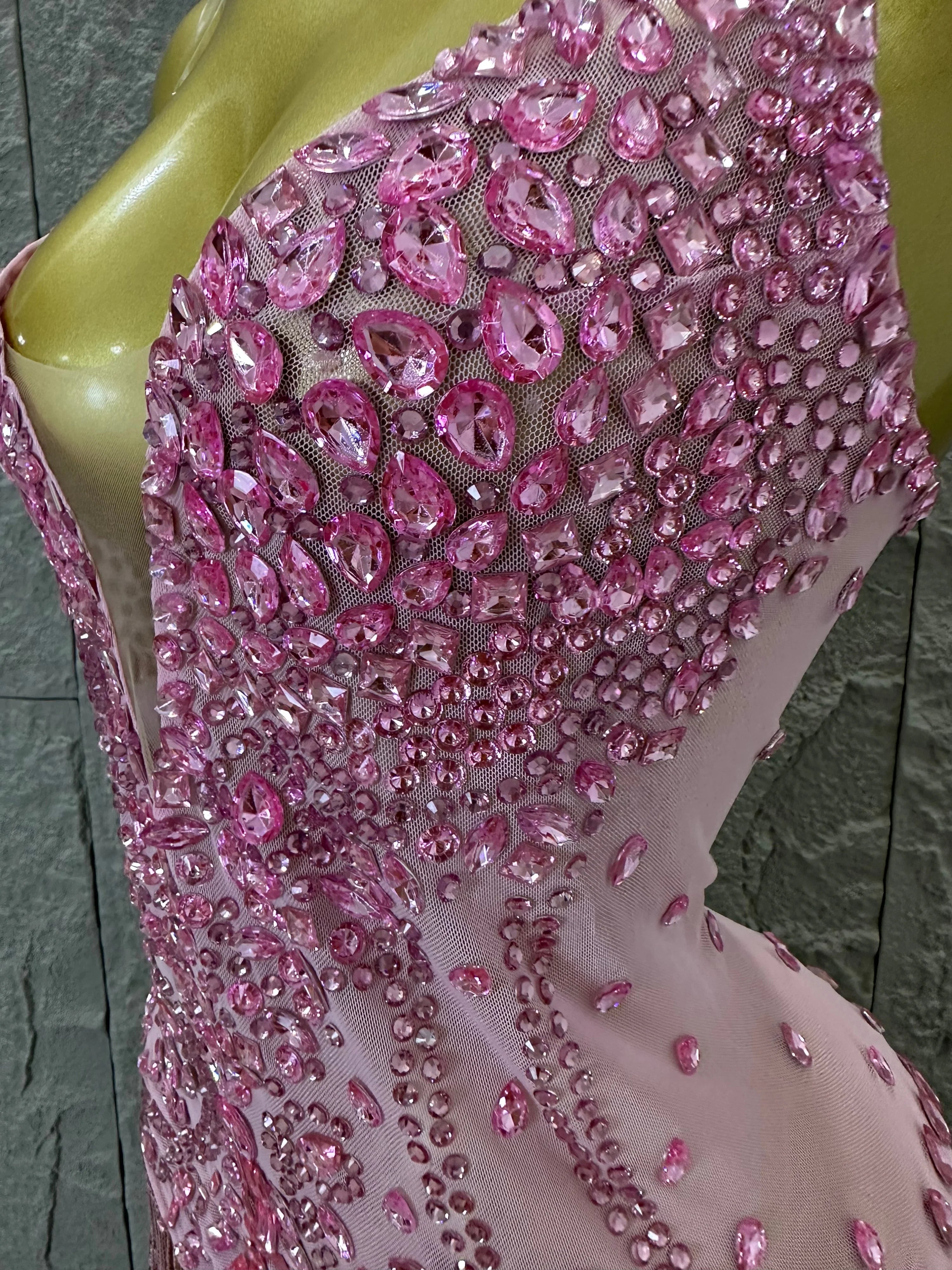 Pink Spaghetti Strap Bodysuit Women Sexy Deep V Neck Sheer Mesh Crystal Embellished Fringe Form-Fitting Formal Event Outfit