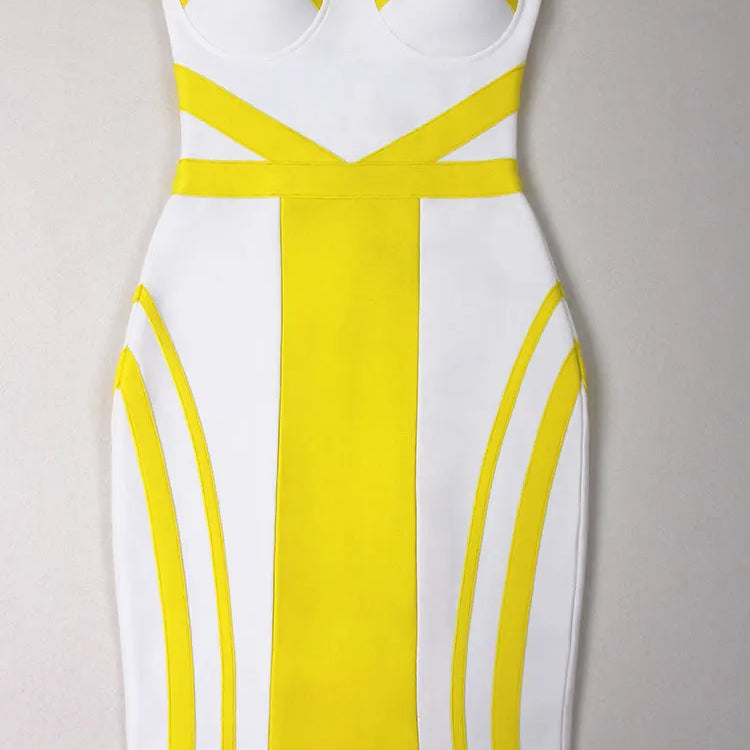 2024 Sexy Women'S Yellow Striped Patchwork White Bandage Dress Strapless Sleeveless Backless Bodycon Mini Dresses Party Vestidos