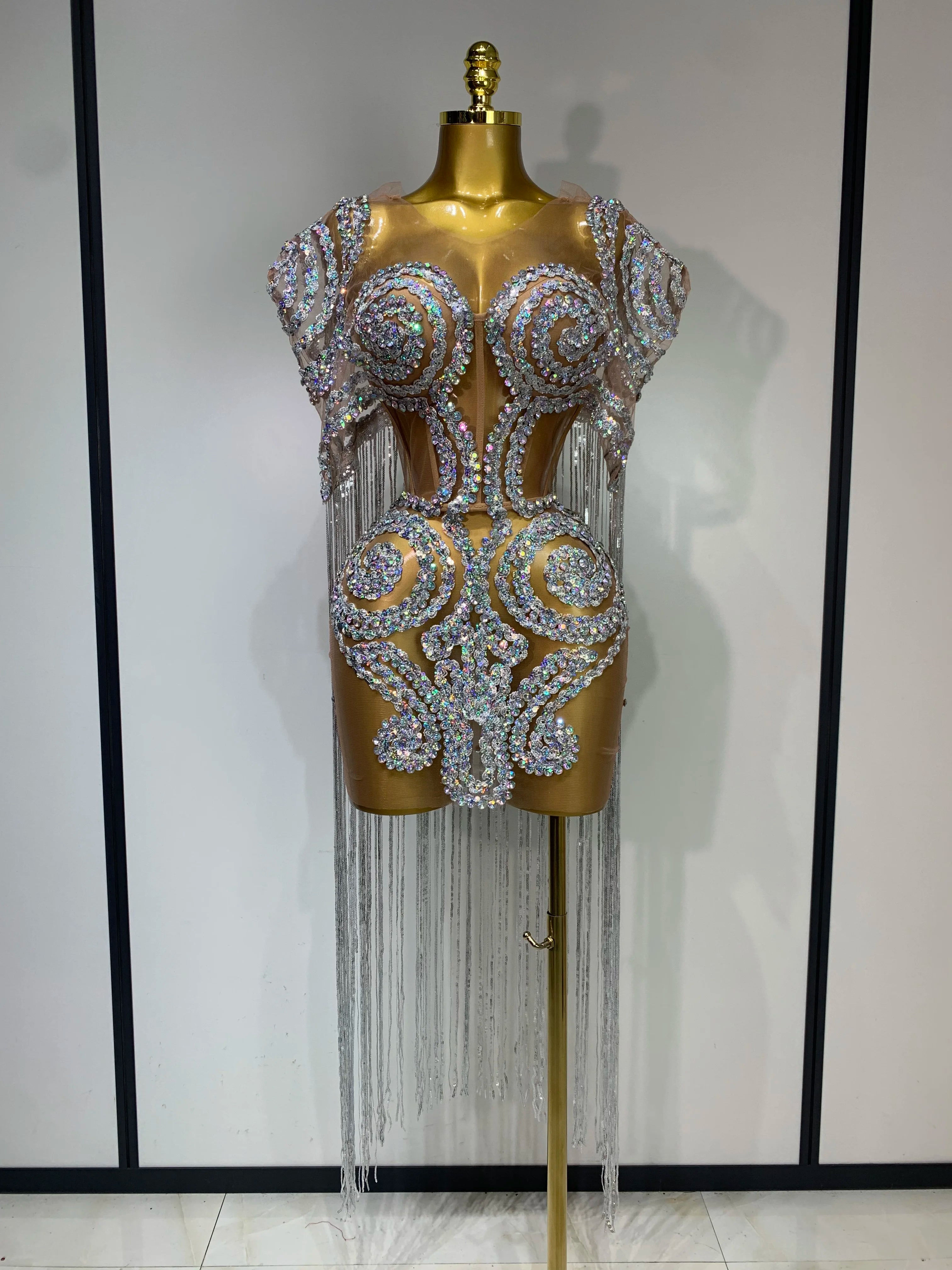 Sparkly Rhinestones Tassel Sexy Mesh Transparent Short Dress Women Evening Party Luxury Birthday Nightclub Singer Stage Costume