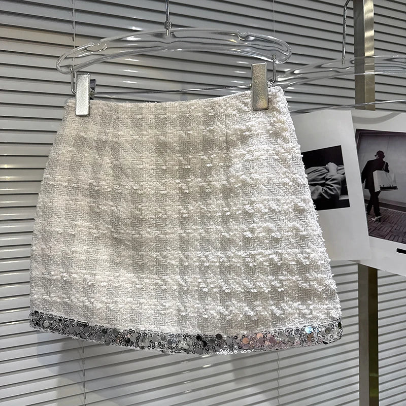 Winter New Fashion Style Sequin Edge Plaid Tweed Short Skirt For Women High Waist Wrapped Hip A-line Skirts 11A07804