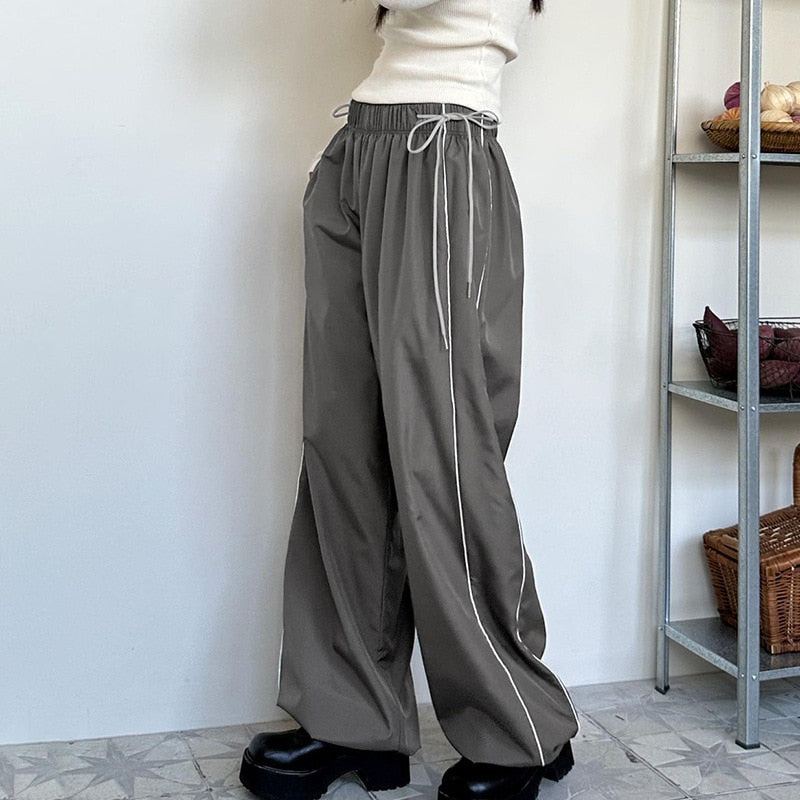 Pantalon rétro pour femmes, couleur unie, ample, cordon de serrage, jogging décontracté, Baggy, jambes larges, survêtement, taille moyenne, vêtements sportifs Y2k, printemps
