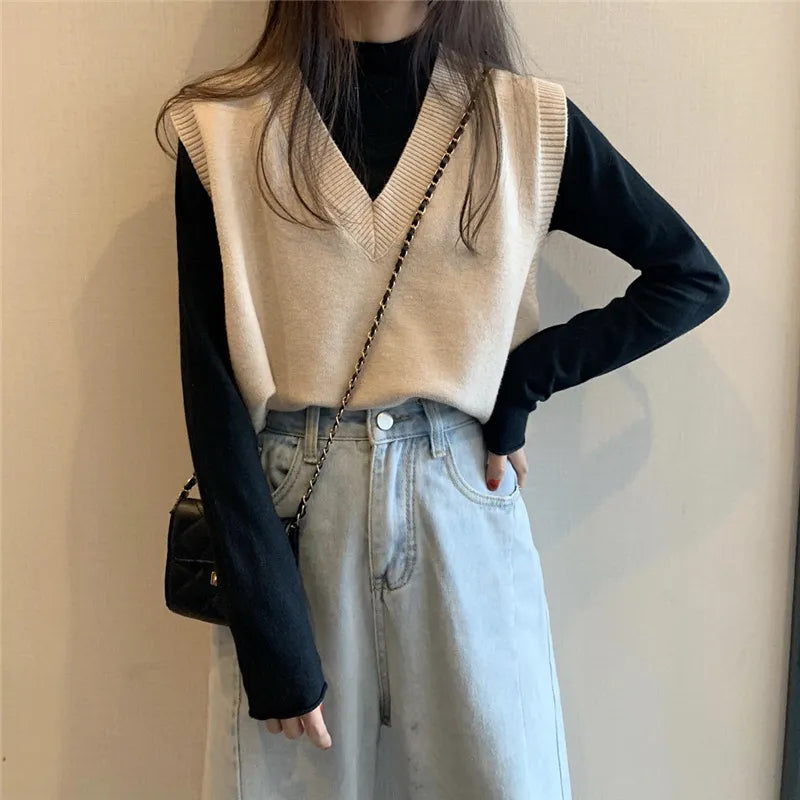 Women Knitted Sweater Vest Spring Autumn Short Loose Vintage Sweater Sleeveless Girls V-Neck Pullover Tops Female Outerwear