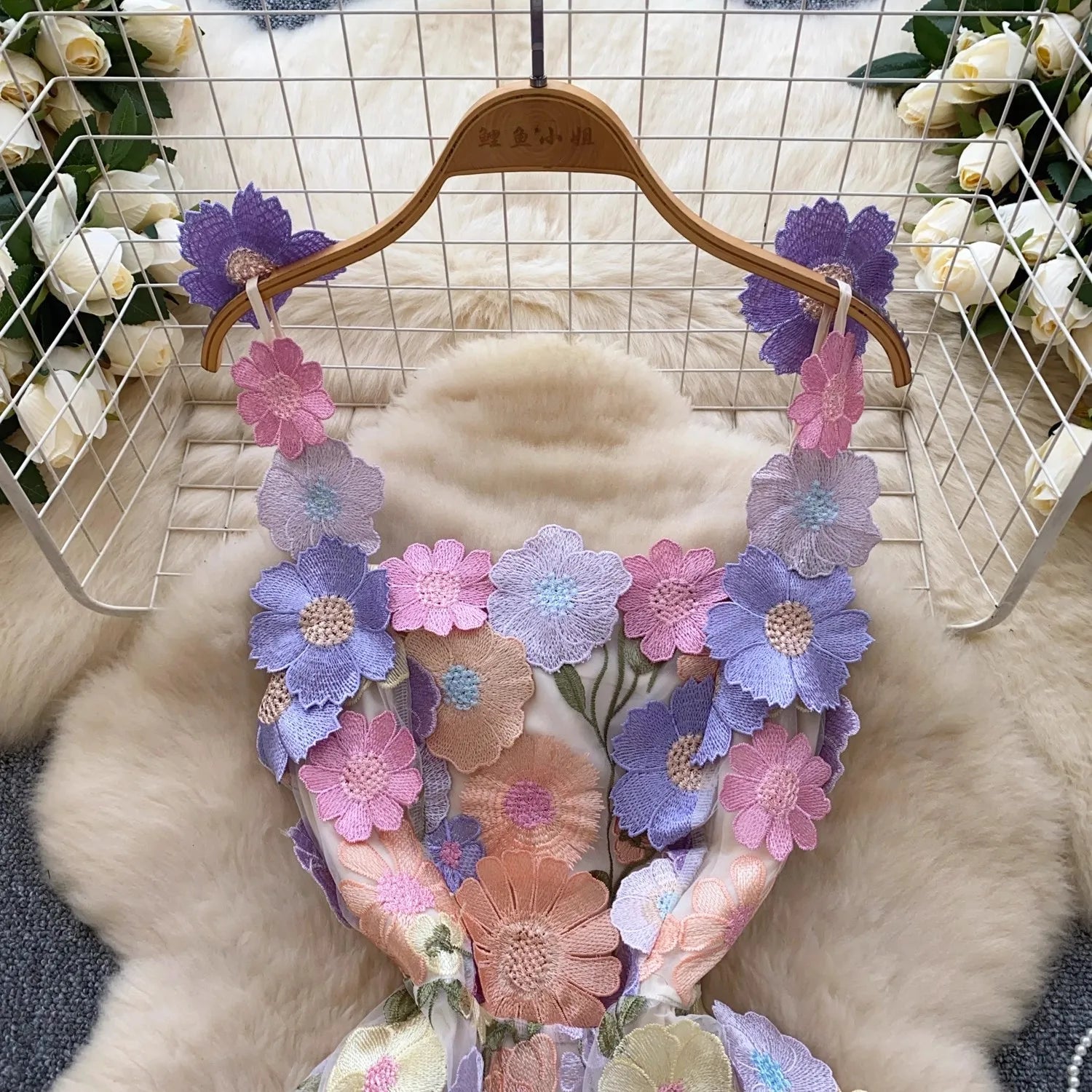 Summer Holiday Hollow Out Flower Embroidery Dress Women's Square Collar Sleeveless Mesh Flower Bohemain MIni Robe Vestidos