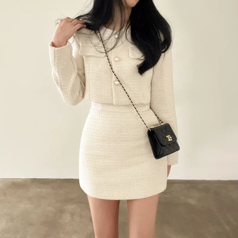 Spring New Single Breasted Tweed Jackets Coat + High Waist Mini Skirt 2 Piece Sets Women Outfit Elegant Luxury Office Suit